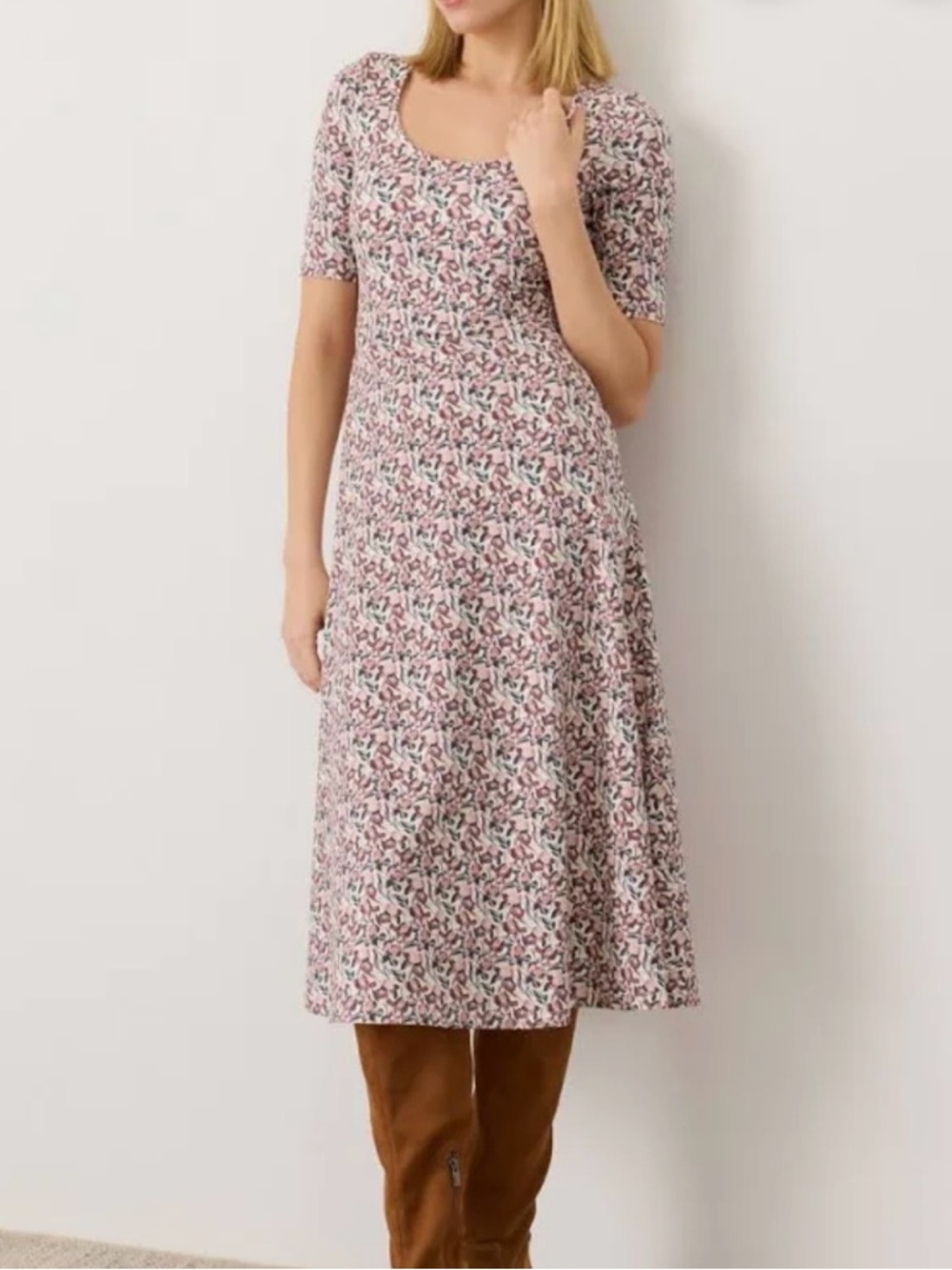 Scoop Neck Floral Midi Dress in Pink